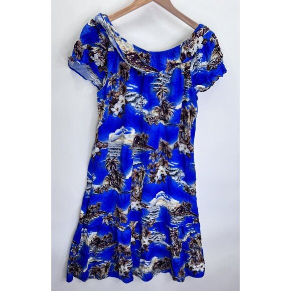 Hilo Hattie Women's Hawaiian Blue Off Shoulder Rayon Dress Size Medium - Picture 6 of 8